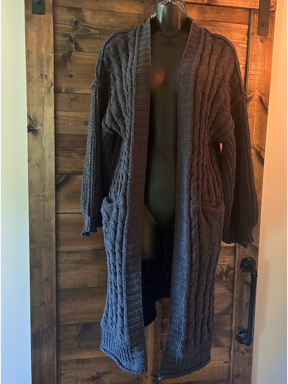 Carly Jean Long Cable Knit Open-Front Cardigan Sweater - Charcoal